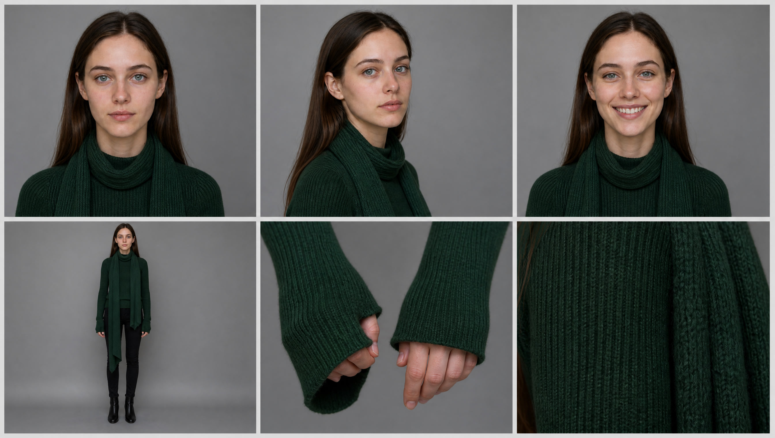 Her character sheet: face, expressions, full figure, hands