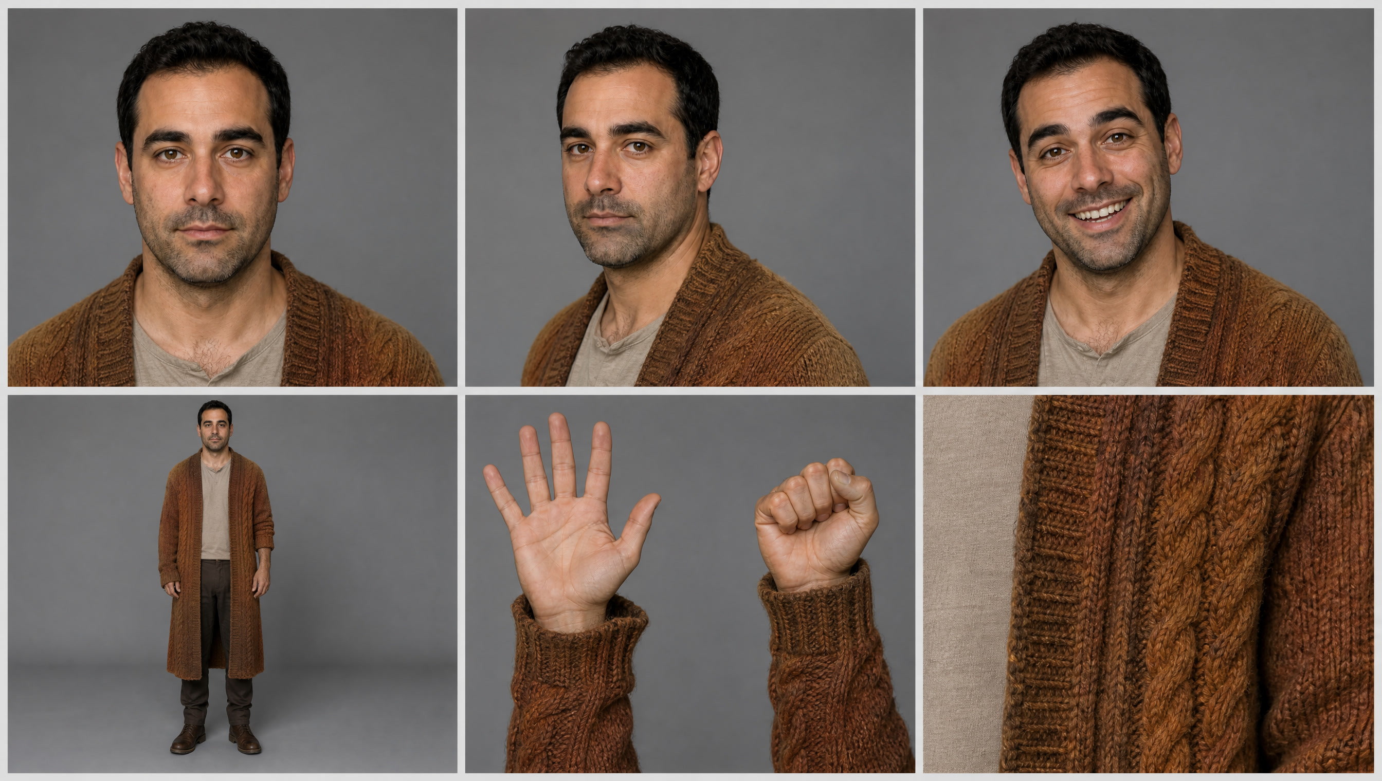 His character sheet: face, expressions, full figure, hands, knitwear macro