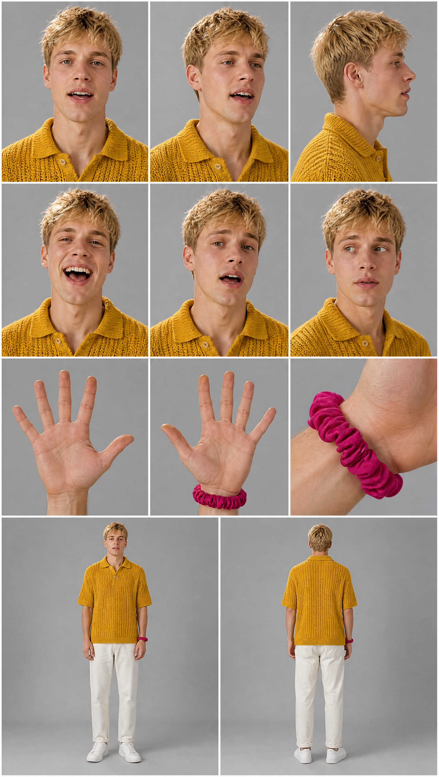Character sheet: head angles, expressions, hands and full figure on a grey ground