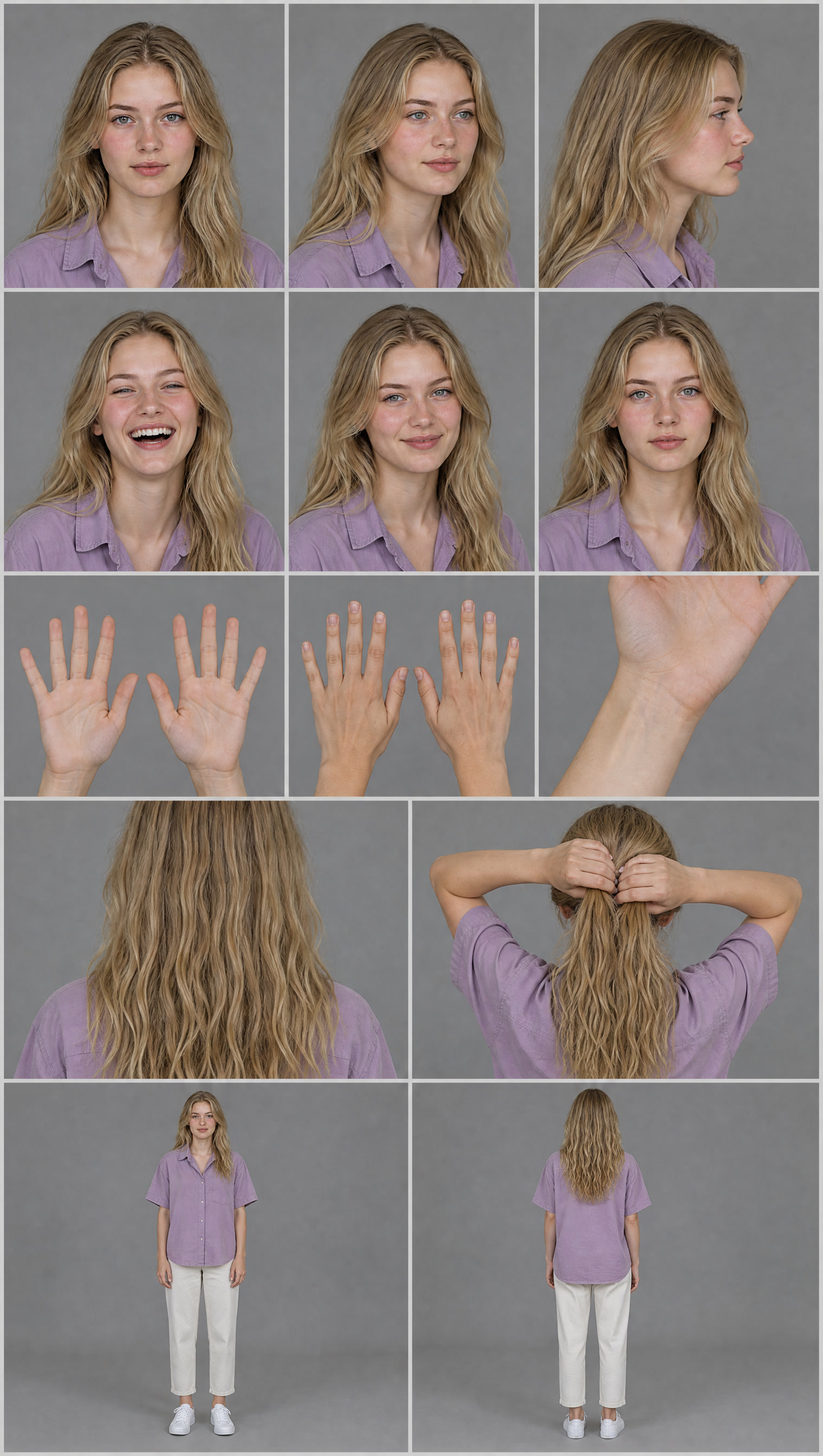 Second character sheet including a panel of hands gathering hair into a ponytail