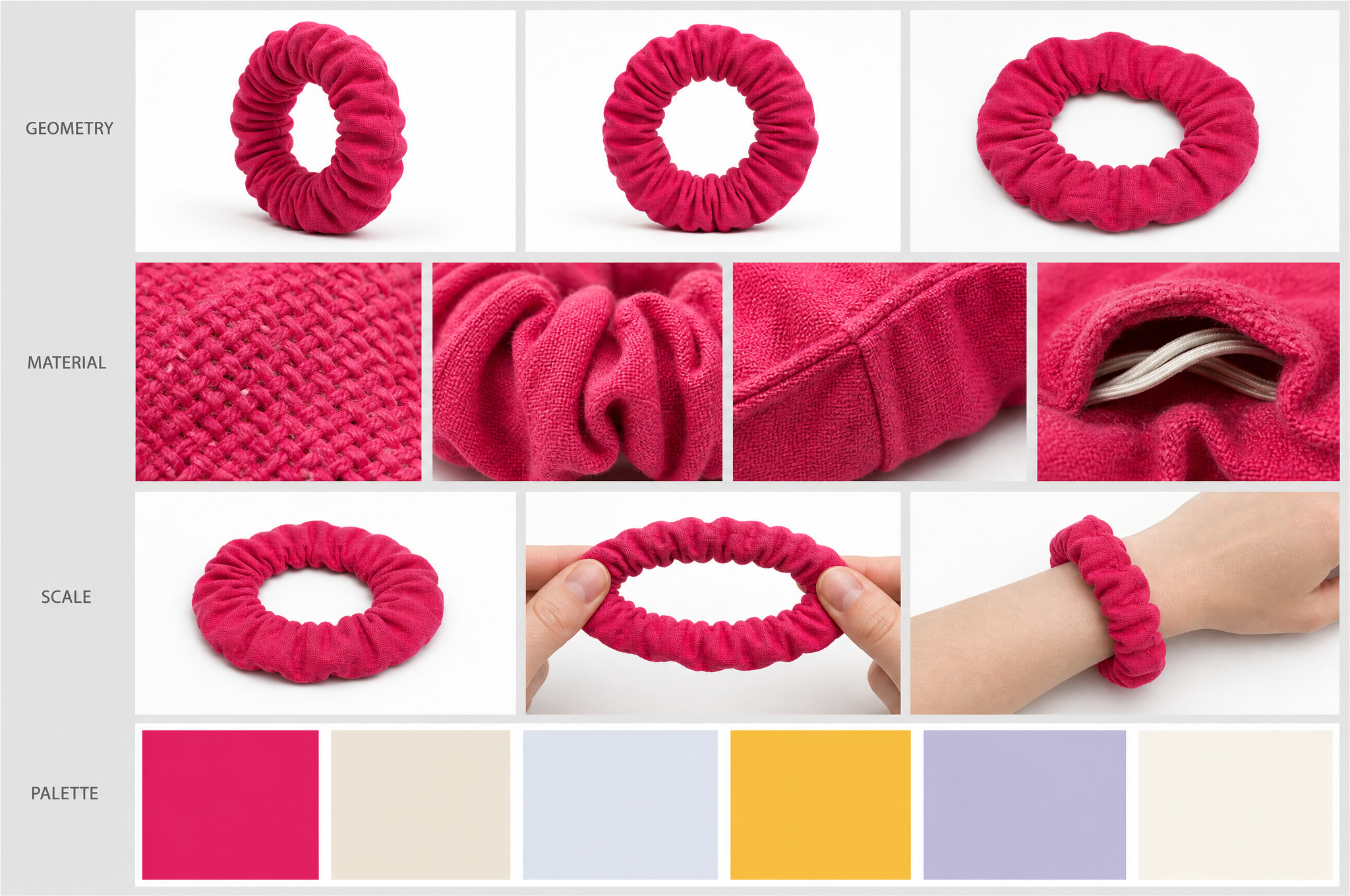 Object sheet: geometry, material macros, scale in a hand, palette