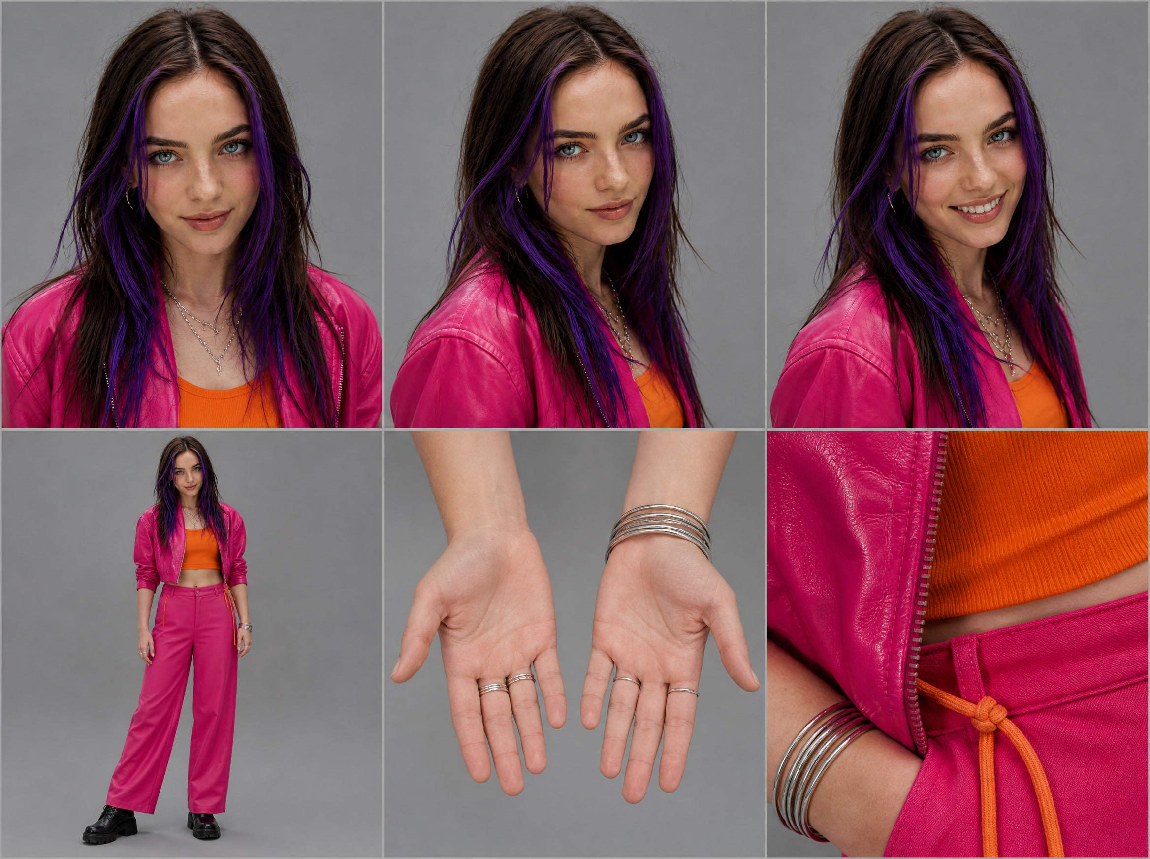 Character sheet: purple strands, fuchsia jacket, tangerine top, bangles, open palms